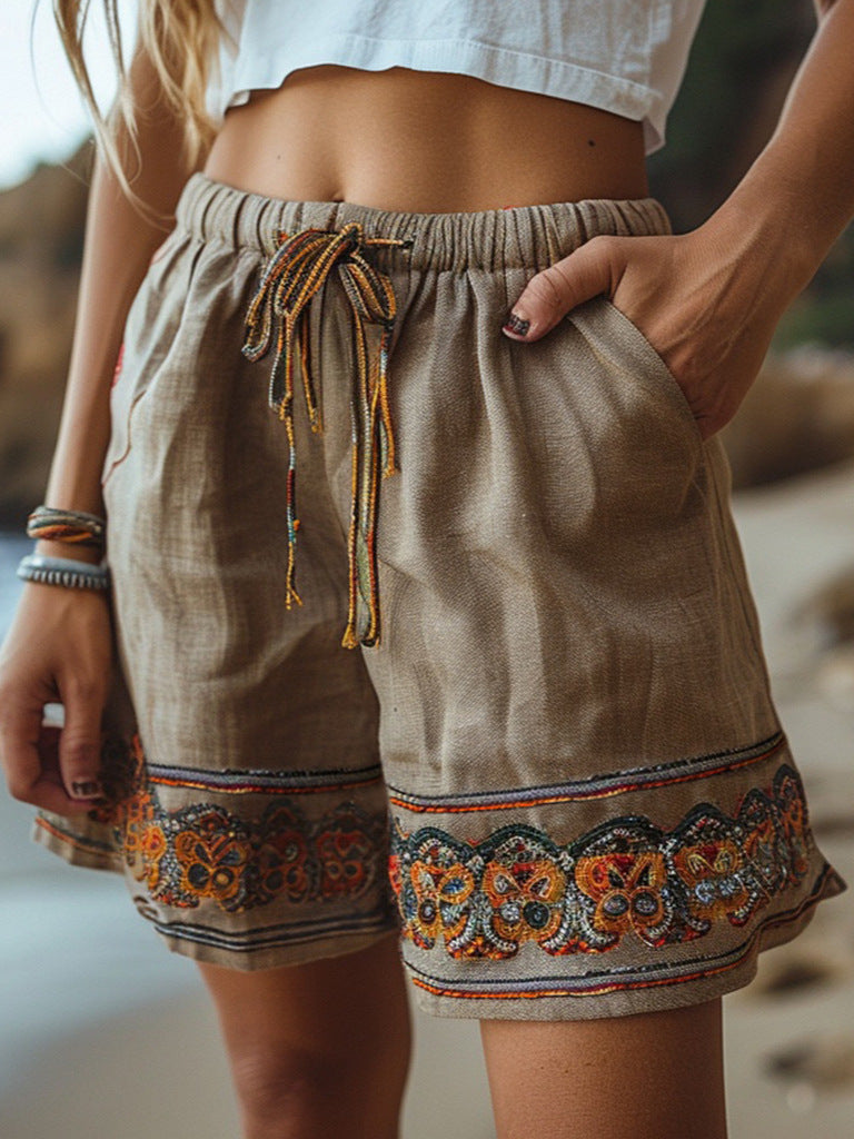 Retro Ethnic-style Casual Drawstring Loose Shorts Pull