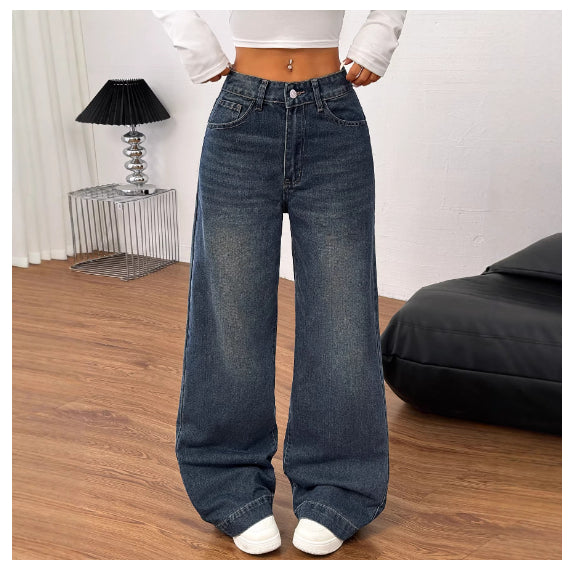 Womens Retro American-Style Long Wide-Leg Loose-Fit Denim Jeans