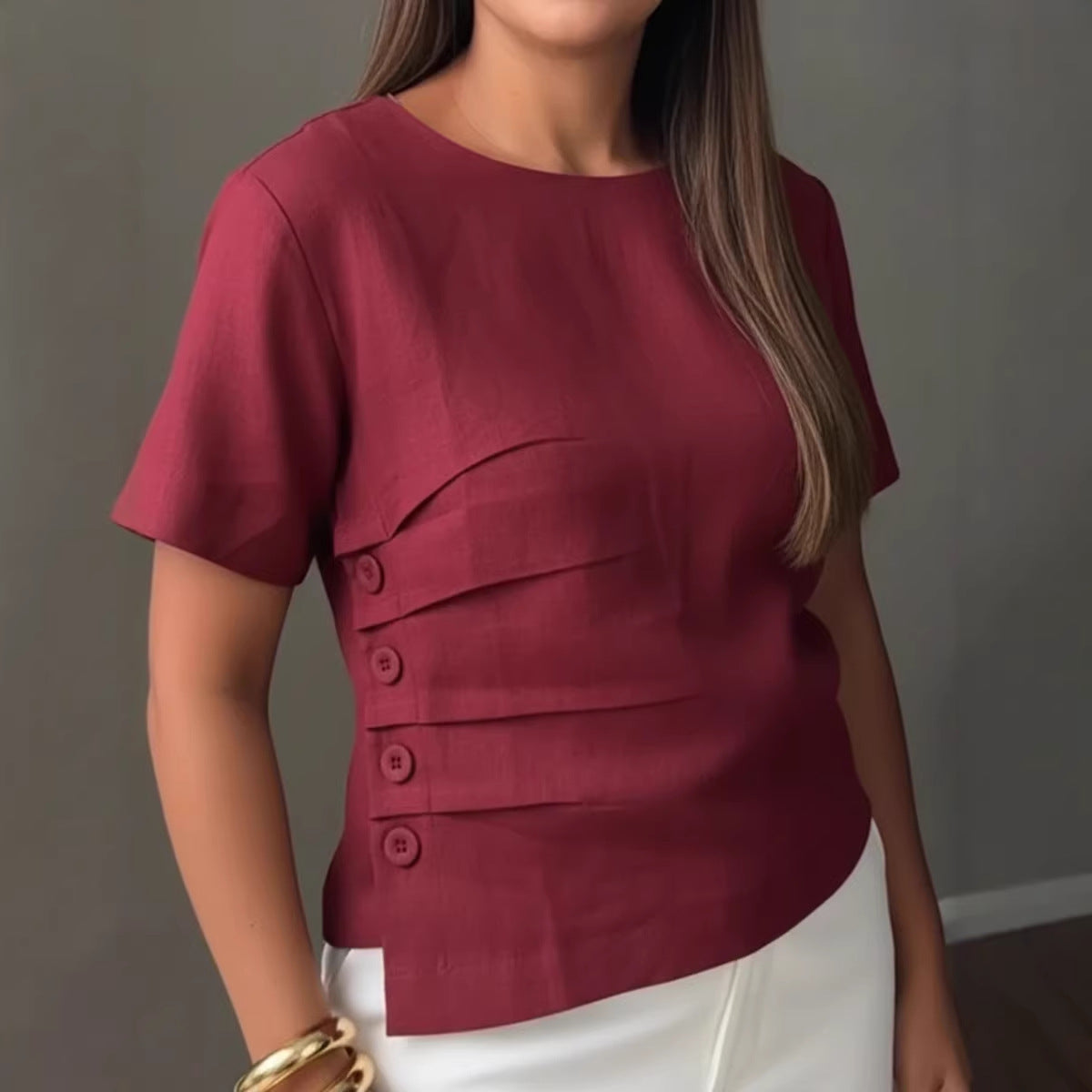 Elegant Casual Cotton-Linen Shirt With Buttons For Women