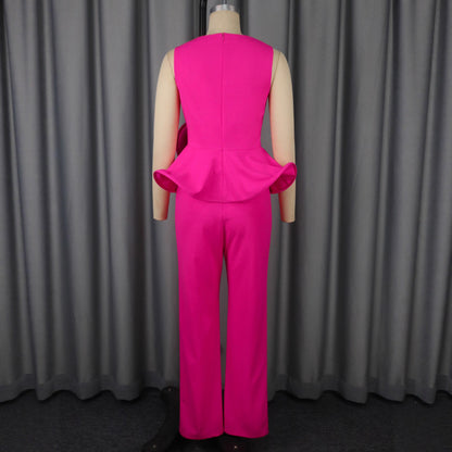 Three-dimensional Flower V-neck Sleeveless Top High Waist Fashion Straight-leg Pants