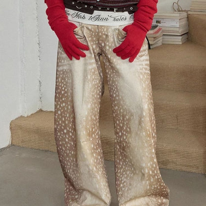 Retro Plus-size Distressed Faux-Aged Deer Print Denim Jeans