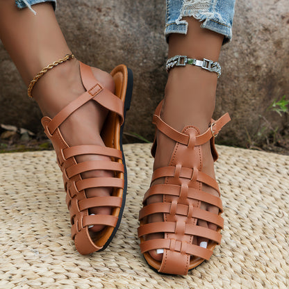 Women's Flat-Heeled Buckled Closed-Toe Roman Sandals