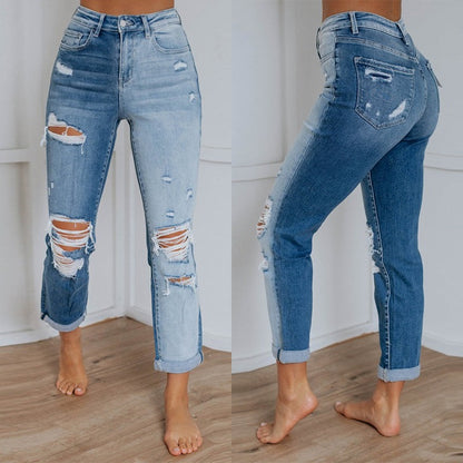 Womens Washed Gradient-Dye Ripped Jeans Fashion-Forward Style