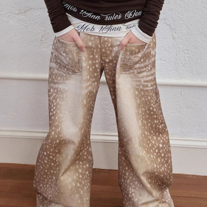 Retro Plus-size Distressed Faux-Aged Deer Print Denim Jeans