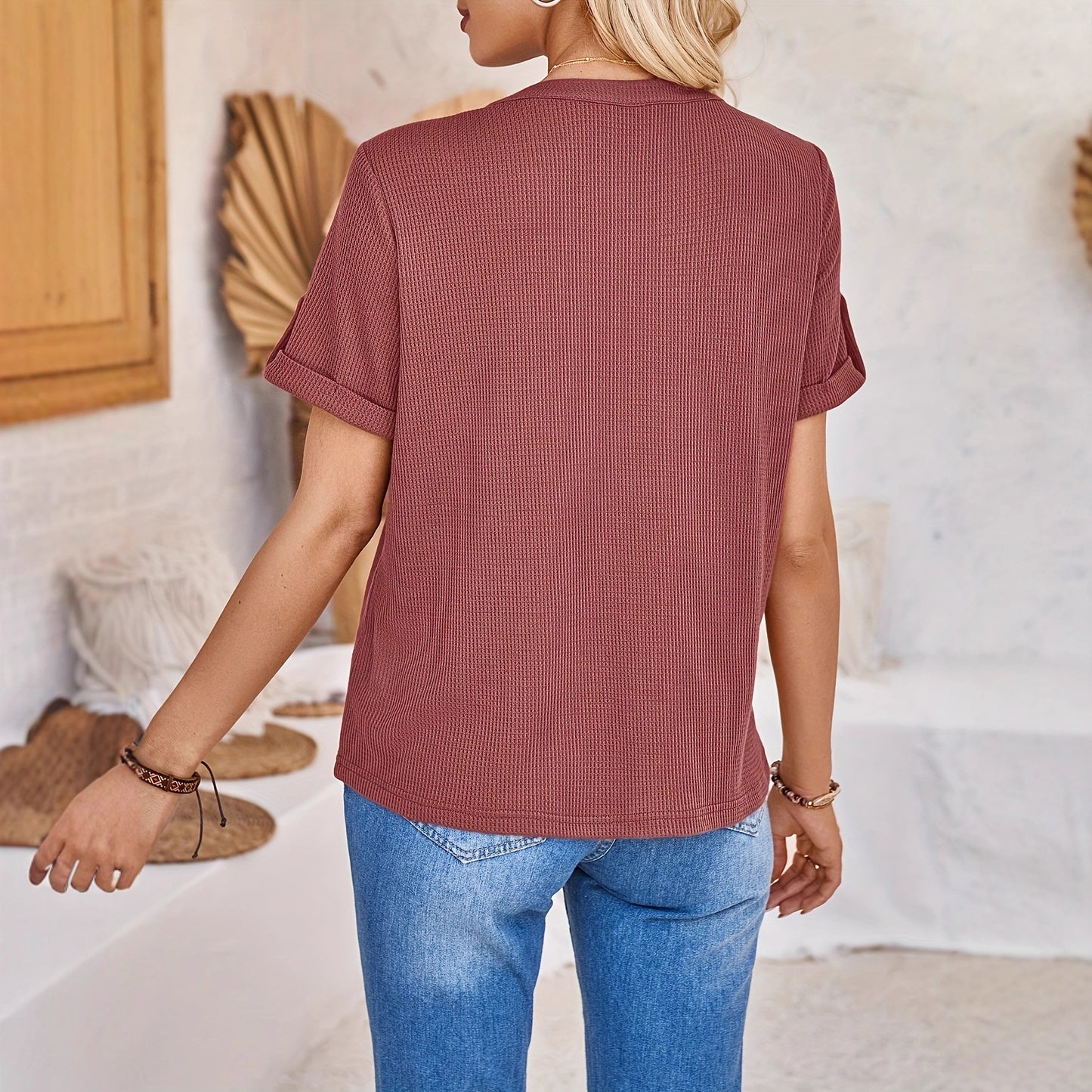 Women's Summer Button Short Sleeved Loose Solid Color Notch V-neck Pullover