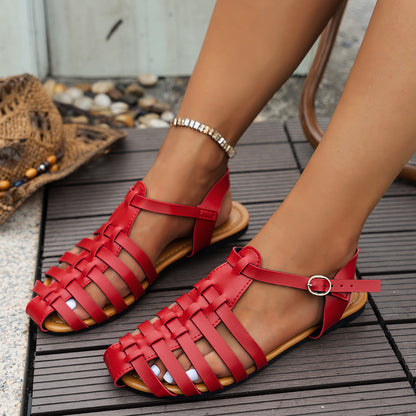Women's Flat-Heeled Buckled Closed-Toe Roman Sandals
