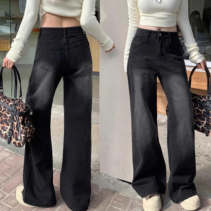 Womens Retro American-Style Long Wide-Leg Loose-Fit Denim Jeans