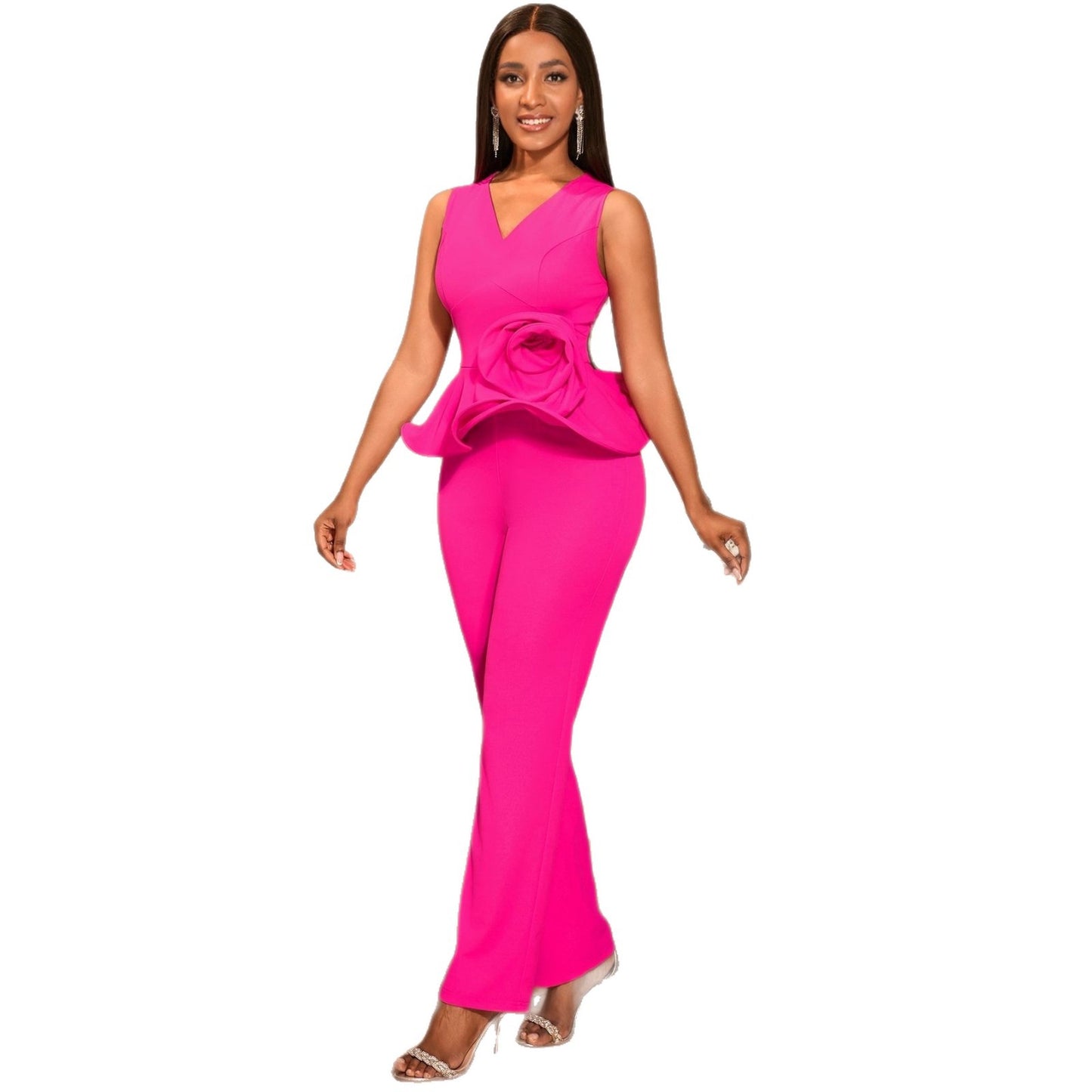 Three-dimensional Flower V-neck Sleeveless Top High Waist Fashion Straight-leg Pants