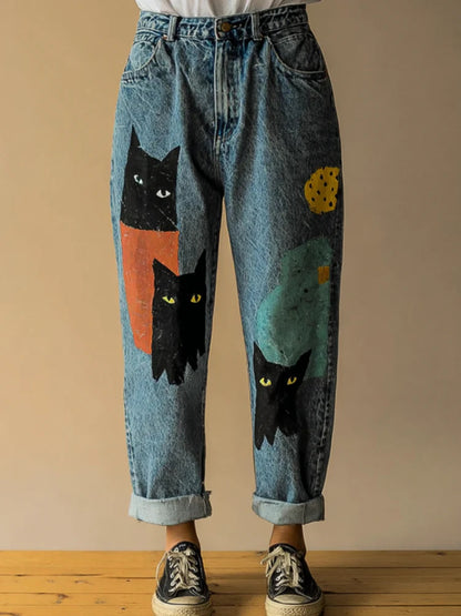 Fashionable Digital-Print Straight-Leg Denim Pants