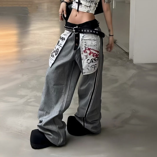 Retro Pocket Print Jeans For Men And Women Loose Fit