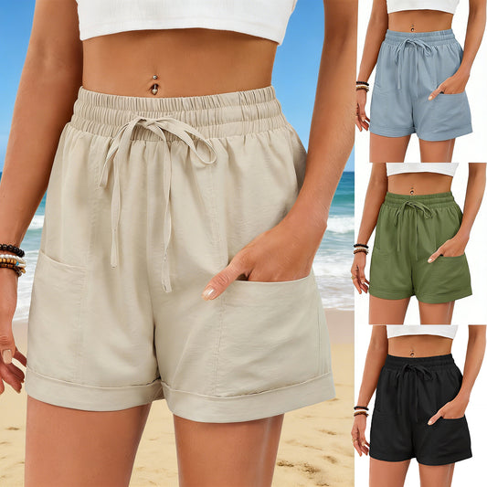 Solid-color Pocketed Drawstring Elastic-waist Loose-fitting Shorts For Women