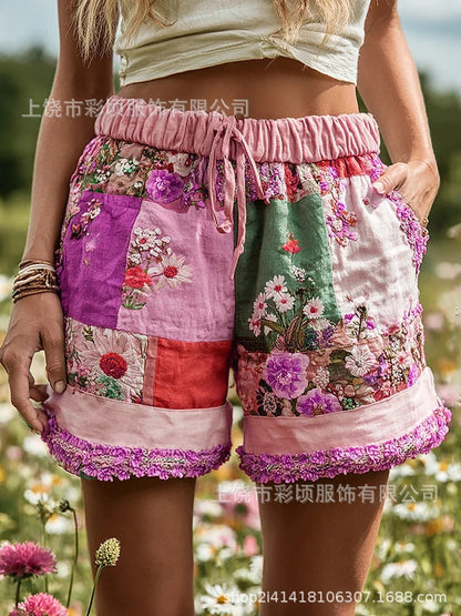 European And American Retro Floral Print Casual Womens Shorts