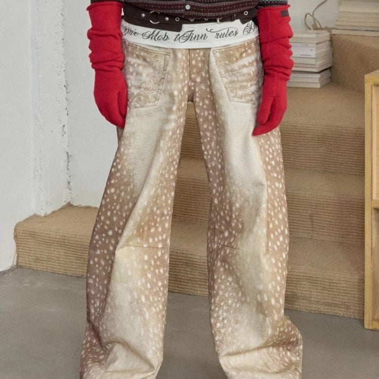 Retro Plus-size Distressed Faux-Aged Deer Print Denim Jeans