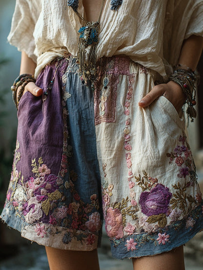 European And American Retro Floral Print Casual Womens Shorts