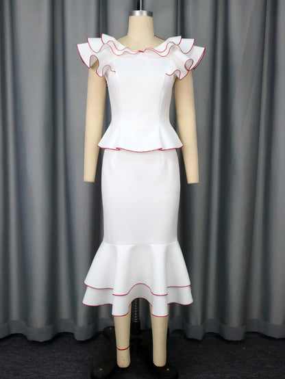 Women's Ruffled Contrast Color Top Temperament Slim Fishtail Skirt Suit