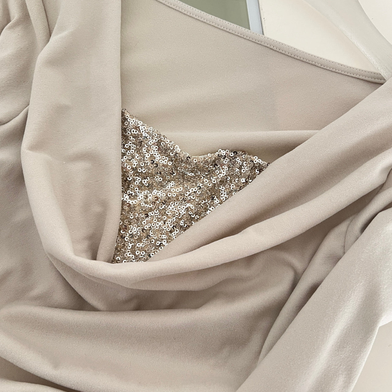 Women's Champagne Gold Sequin Two-Piece Evening Gown Set Ruched Top Mermaid Skirt Formal Party Dress