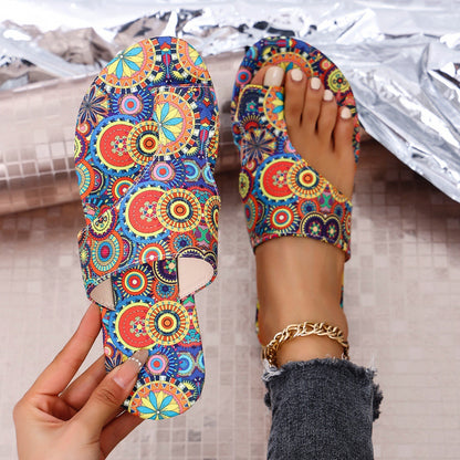 Womens Floral Flip-flops With A Flat Sole