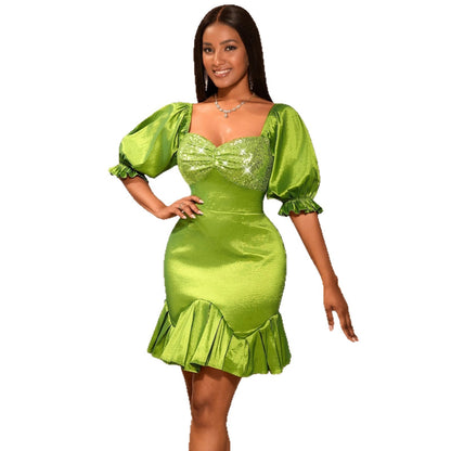 Sequin Stitching Ruffled Banquet Sheath Evening Dress