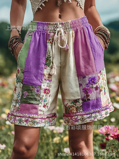 European And American Retro Floral Print Casual Womens Shorts