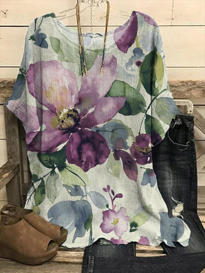 Women's Casual Loose Fashionable Short-Sleeve Printed Crew-Neck Top