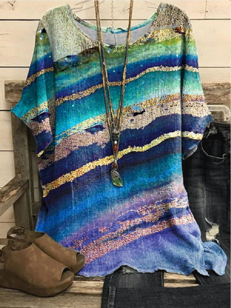 Women's Casual Loose Fashionable Short-Sleeve Printed Crew-Neck Top