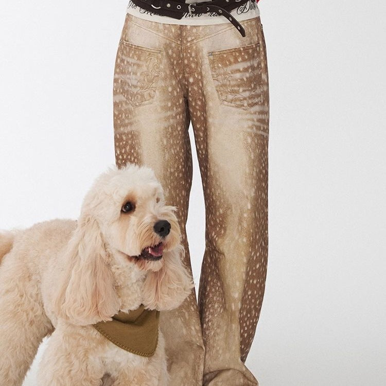 Retro Plus-size Distressed Faux-Aged Deer Print Denim Jeans