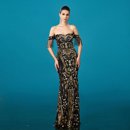 Off-neck Tassel Sequined Fishtail Evening Dress For Banquet