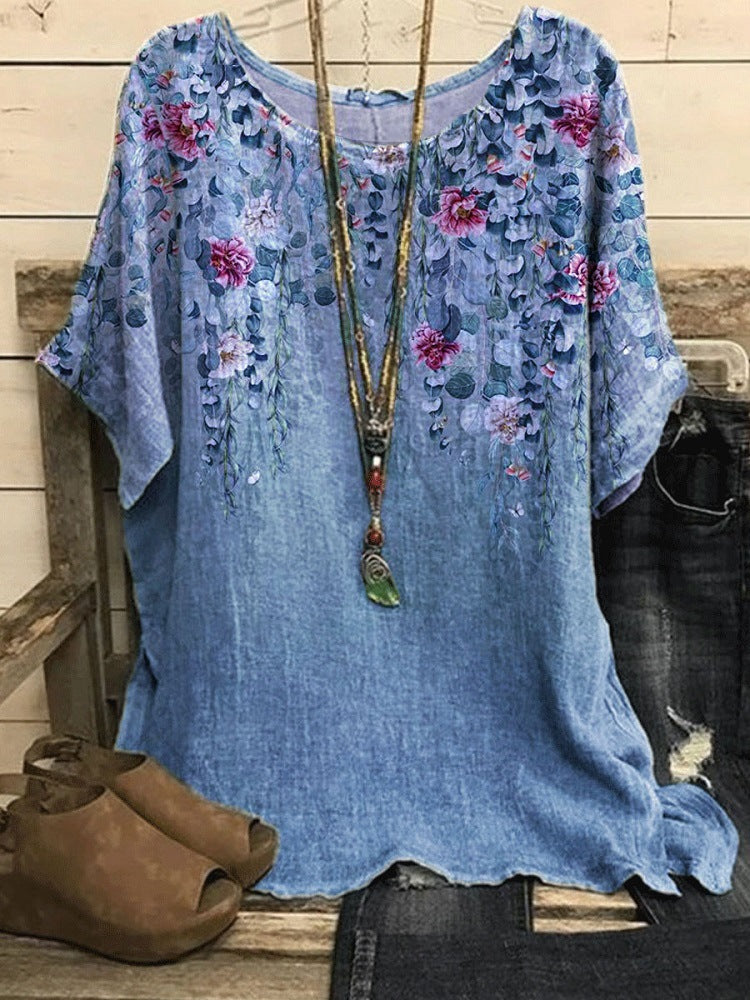 Women's Casual Loose Fashionable Short-Sleeve Printed Crew-Neck Top