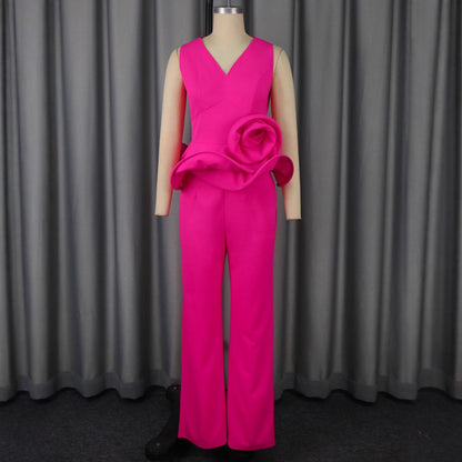 Three-dimensional Flower V-neck Sleeveless Top High Waist Fashion Straight-leg Pants