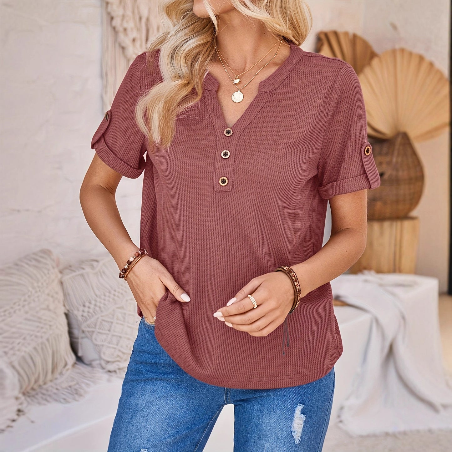 Women's Summer Button Short Sleeved Loose Solid Color Notch V-neck Pullover