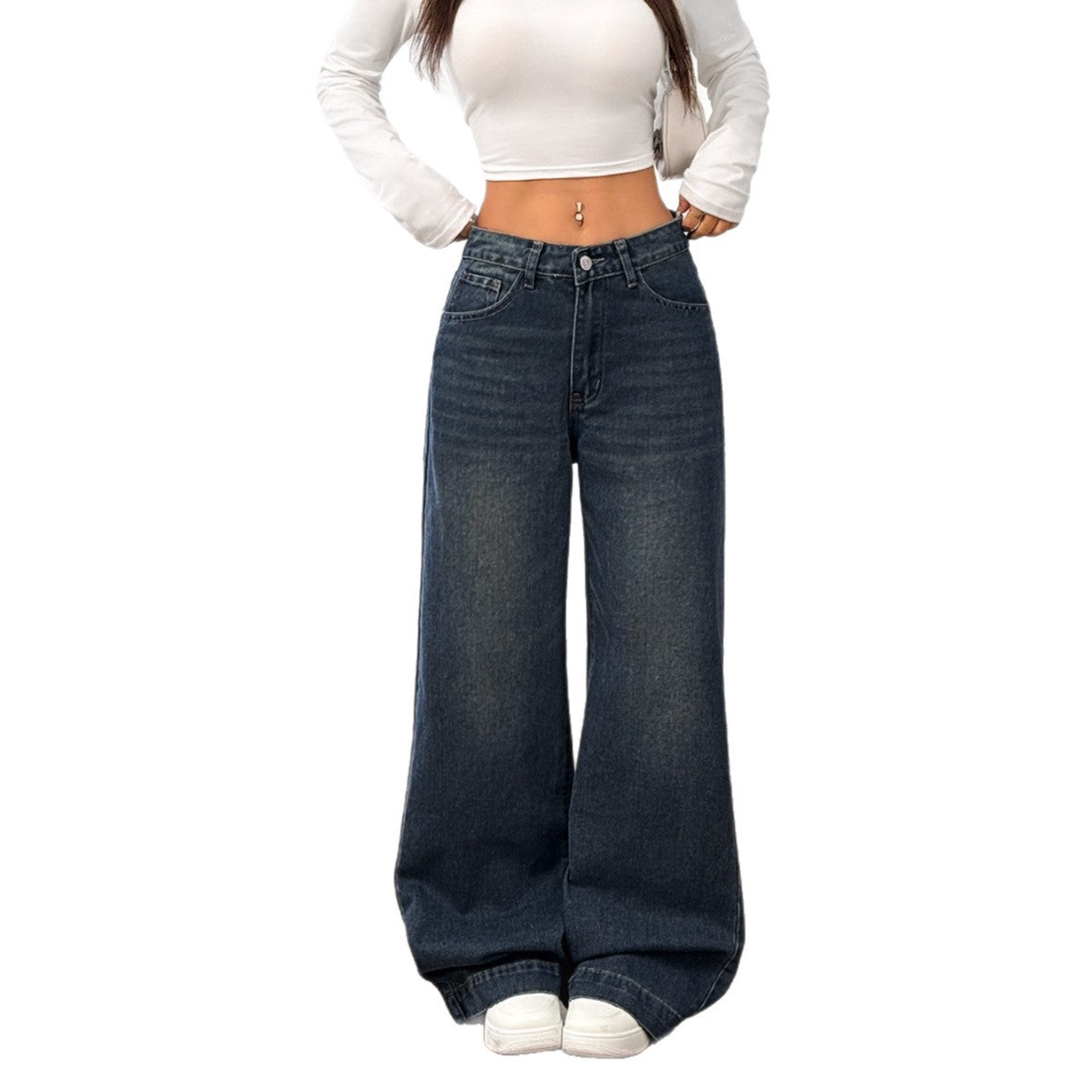 Womens Retro American-Style Long Wide-Leg Loose-Fit Denim Jeans