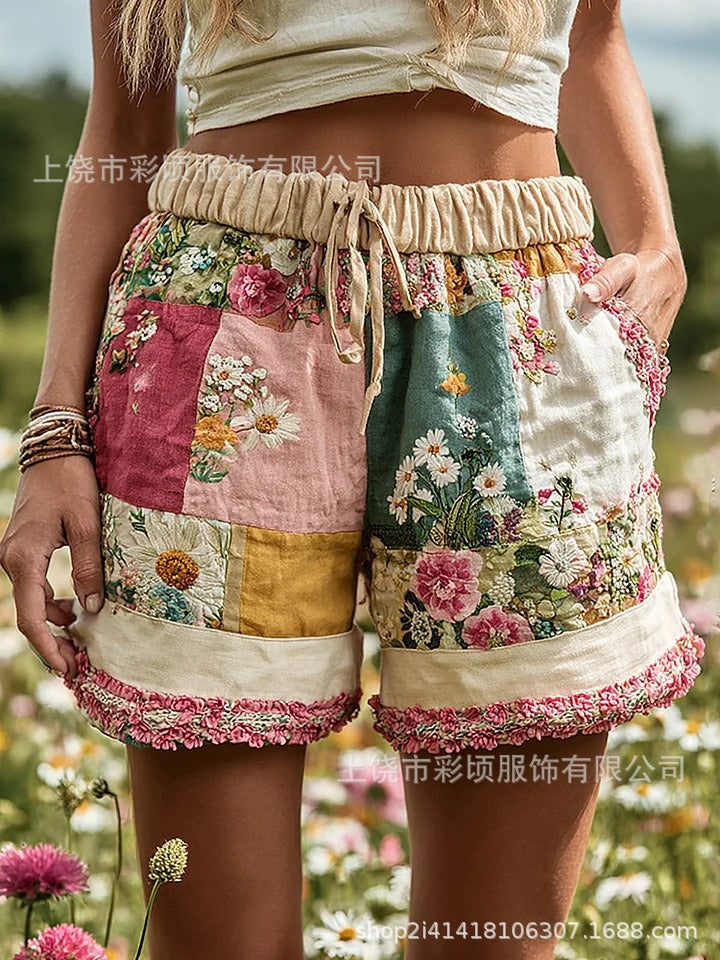 European And American Retro Floral Print Casual Womens Shorts