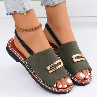 Womens Fabric Strap Flat Sandals With Elastic Band And Buckle