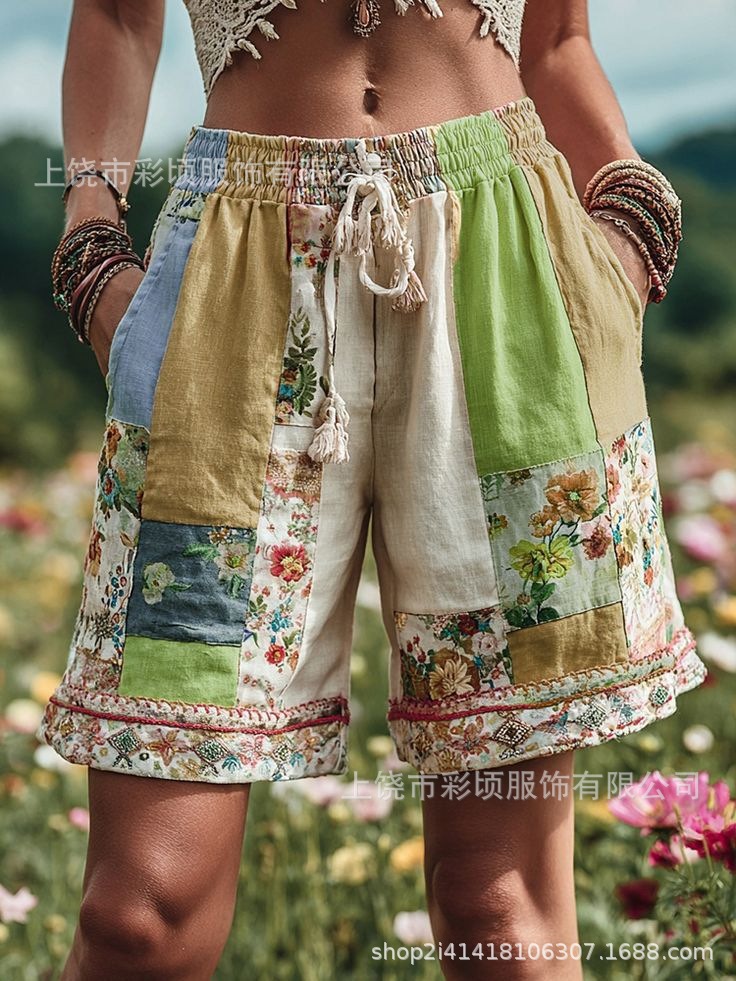 European And American Retro Floral Print Casual Womens Shorts