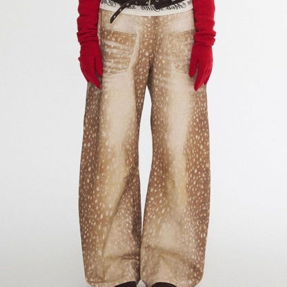Retro Plus-size Distressed Faux-Aged Deer Print Denim Jeans