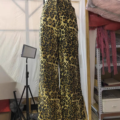 Womens Wide-leg Loose-fit Leopard-print Jeans