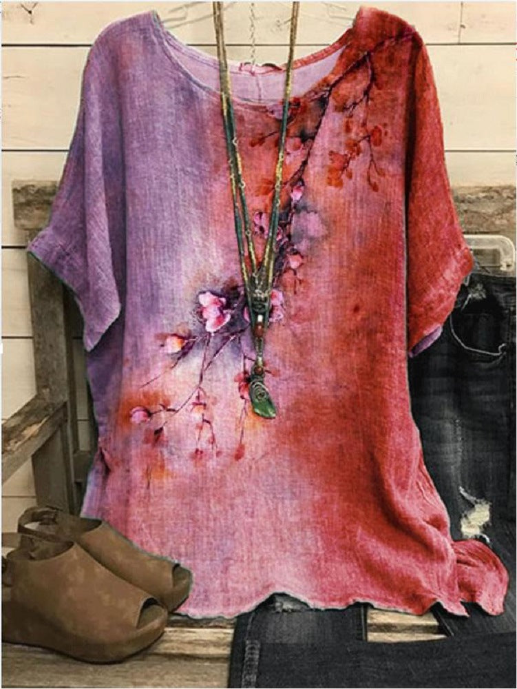 Women's Casual Loose Fashionable Short-Sleeve Printed Crew-Neck Top