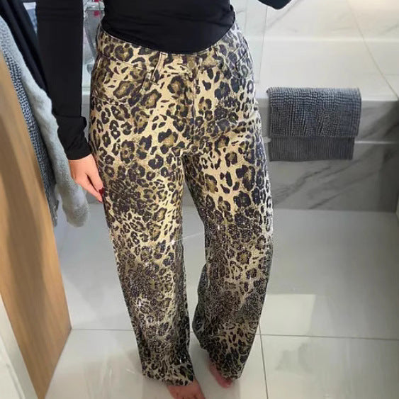 Womens Wide-leg Loose-fit Leopard-print Jeans