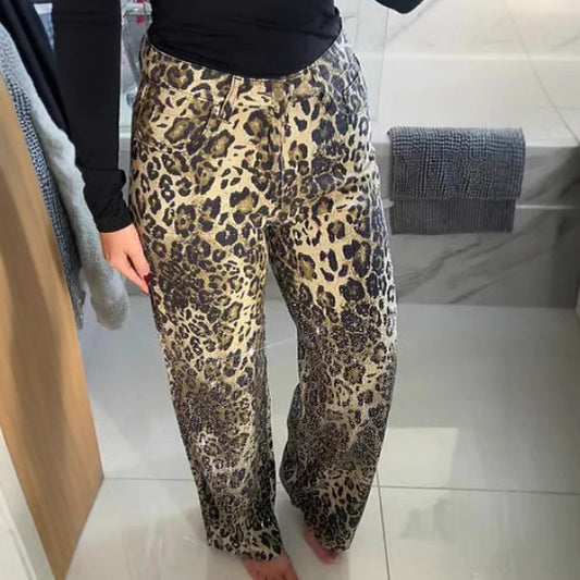 Womens Wide-leg Loose-fit Leopard-print Jeans