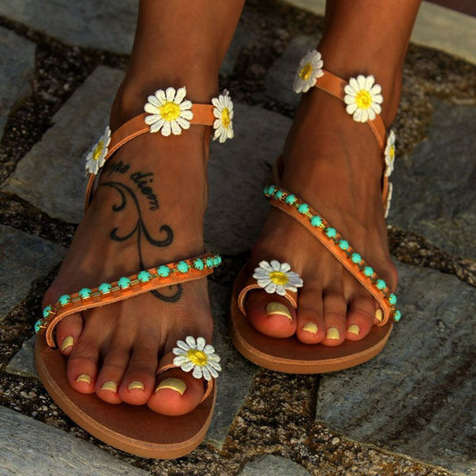 European And American-style Floral Rhinestone Flat Sandals For Women