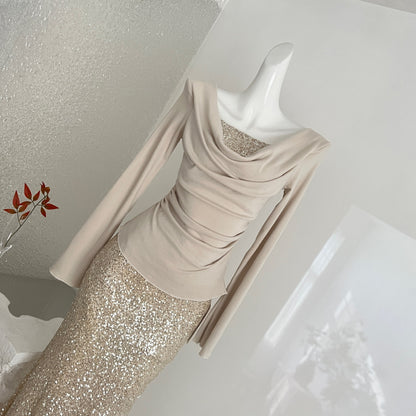 Women's Champagne Gold Sequin Two-Piece Evening Gown Set Ruched Top Mermaid Skirt Formal Party Dress